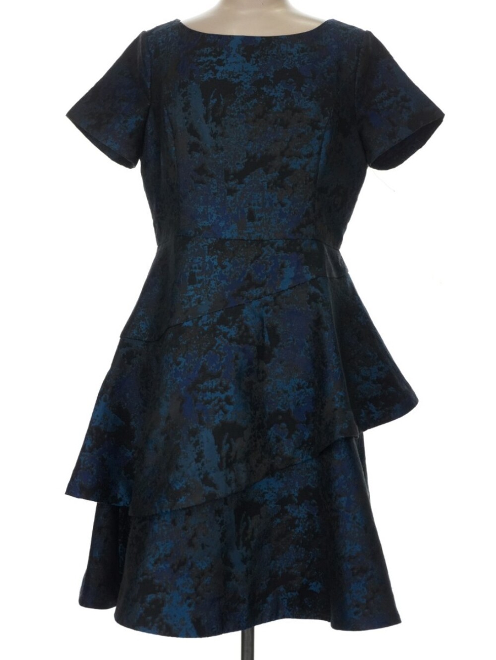 SHANI Size 8 Black Blue Jacquard Abstract A-Line Dress Boat Neck Knee Length NWT